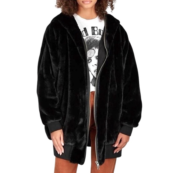 FREE PEOPLE Turn Up Hooded Faux Mink Fur Oversized Teddy Bomber Jacket Black - Picture 15 of 16